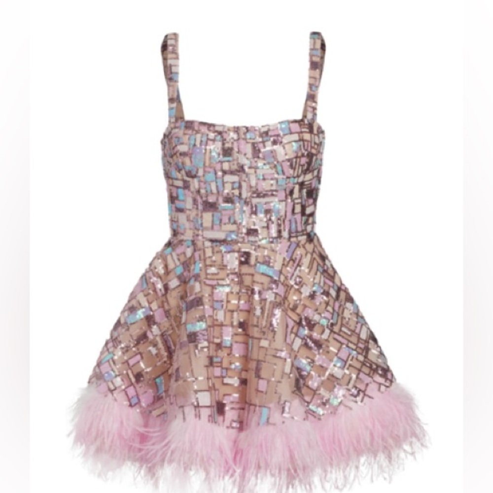 Bronx and Banco Sequin Mini Dress with Pink Feather Trim - Picture 6 of 6